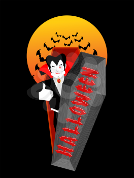 Halloween typography. Dracula in his coffin. Logo for scary holiday. Vampire and lettring
