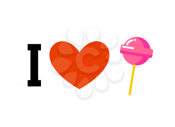 I love lollipop. Heart and candy on stick. Emblem for lovers of sweets
