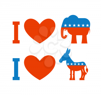 I love democrat. I like Republican. Symbol of heart, donkey and elephant. Poster for elections in USA. Political debate in America. Patriotic emblem United States.
