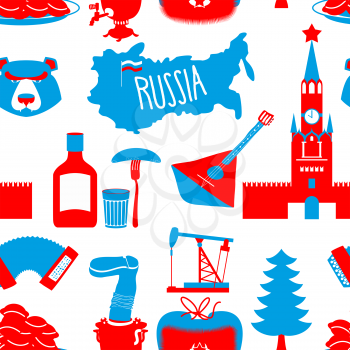 Russian symbols seamless pattern. Russia national ornament. State traditional background. Moscow Kremlin and bear. Map of Russia and samovar. Earflaps and balalaika. Dumplings and vodka. dumplings and