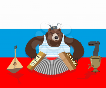 Russian bear plays accordion. Russian flag. Samovar