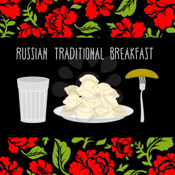 Russian traditional breakfast: vodka, dumplings and pickle. Russian flower ornament.  