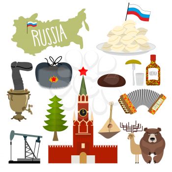 Russia set icons. Traditional objects of country. Russian national clothes. Association with  country. Moscow Kremlin and  Russian bear. Map States and oil. Wooden spoon and vodka.
