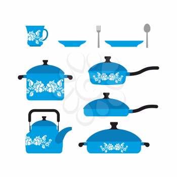 Set of dishes for cooking. Cookware: cup and saucer. Frying pan and saucepan. Knife and fork. Set blue retro dishes with flower.  