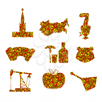 Set symbols and icons for Russia: Kremlin and balalaika, oil rig and vodka, with earflaps and Samovar, dumplings and accordion. Flag of Russian Federation. 