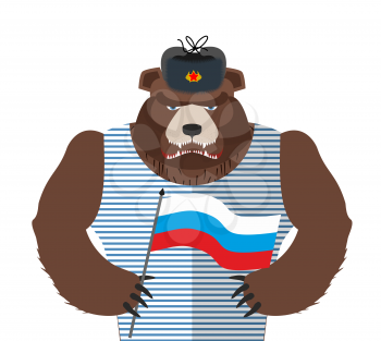 Angry Russian bear holding Russian flag. Beast patriot in fur hat and vest. Wild animal in clothes on  white background