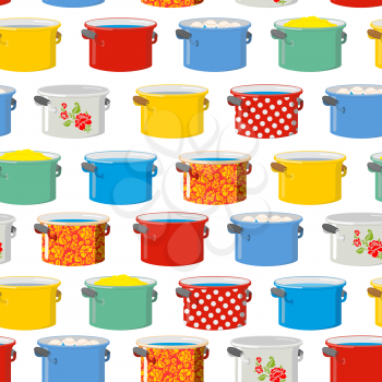 Colored pans. Seamless pattern for kitchen. Kitchen utensils texture ornament