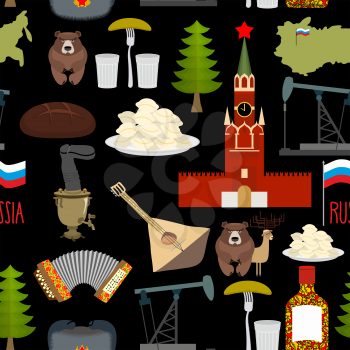 Russian symbols seamless pattern. Russia national ornament. State traditional background. Moscow Kremlin and bear. Map of Russia and samovar. Earflaps and balalaika. Dumplings and vodka. dumplings and