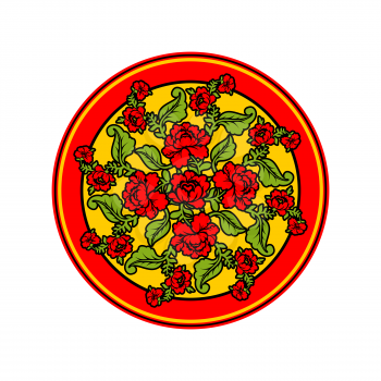Russian national pattern Hohloma. Retro Floral ornament. Round decorated dish. Historic traditional decorative ornament culture