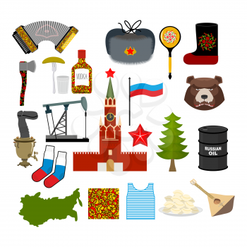 Russia symbol set. Russian national character. State Traditional objects. Moscow Kremlin and bear. Map of Russia and smovar. Earflaps and balalaika. Dumplings and vodka