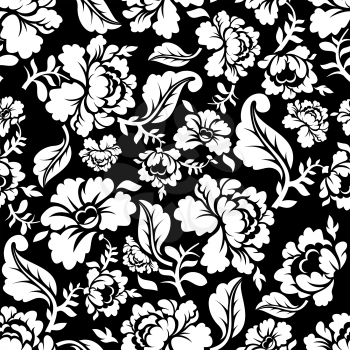White Rose seamless pattern. Retro floral texture. Vintage Flora ornaments. Floral background. White flowers on dark backdrop.Traditional Russian ornament