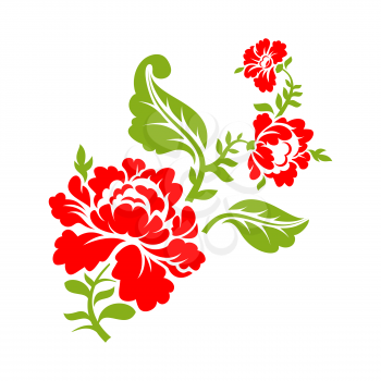 Rose on  branch on white background. Isolated floral elements. Red flower and green leaves