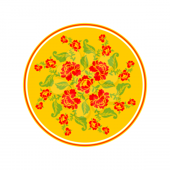 Russian national pattern Hohloma. Retro Floral ornament. Round decorated dish. Historic traditional decorative ornament culture