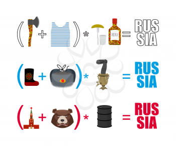 Russia mathematician. Mathematical Formula of Russian life. Traditional objects of country. Axe and vest. Moscow Kremlin and  bear. Wooden spoon and Ushanka. National algebra.