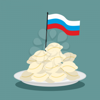 Dumplings Russian national patriotic food. Russian flag in plate with food. Traditional folk delicacy among Russian people