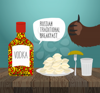 Russian traditional breakfast: vodka, dumplings and pickle. Bears paw. National Folk Food in Russia