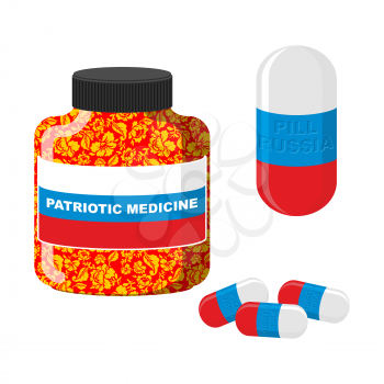 National Patriotic medicine in Russia.  Pill with Russia. Bottle with pills.