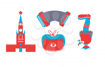 Russian icons silhouette. Traditional Russian folk characters. Moscow Kremlin on Red Square. accordion and samovar. Russian national cap with earflaps