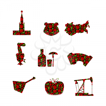 Russia symbol set. Russian national sign painted Khokhloma. State Traditional objects. Moscow Kremlin and bear. Map of Russia and smovar. Earflaps and balalaika. Dumplings and vodka. Landmark Traditio