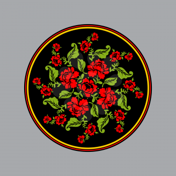 Russian national pattern painting Hohloma. Round decorated plate. Red rose and black background. Retro Floral ornament. Historic traditional decorative ornament culture