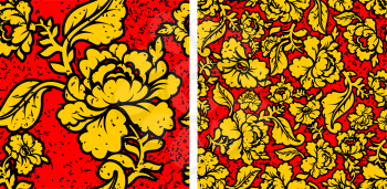 Khokhloma in grunge style. Flowers and noise and scratches. Traditional Russian Folk seamless pattern. Yellow, gold flowers on red background and brush strokes. Patriotic Flower texture. Historic Cult