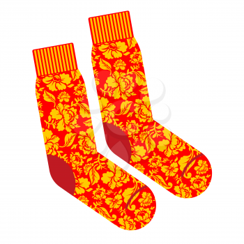 Socks for patriot of Russia. Clothing accessory Russian national pattern khokhloma. Traditional folk costumes of Russian people
