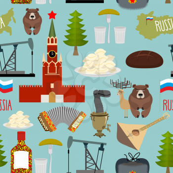 Russia sightseeing seamless pattern. Moscow Kremlin and Samovar, oil pump and squeeze. Ushanka and balalaika. Vector background of  Russian Federation.