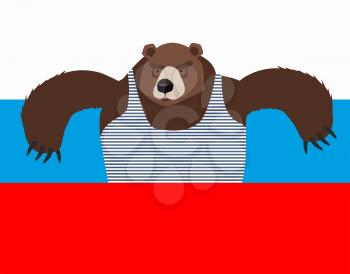 Russian patriot bear and Russia flag. Wild animal. World stereotype
