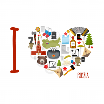 I love Russia. Heart of sights of Russian Federation. Russia map and flag bear and an oil rig. Balalaika and Ushanka, dumplings. Moscow Kremlin. Landmark Traditional Folk. Countries national symbols
