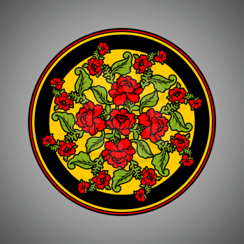Russian national pattern painting Hohloma. Round decorated plate. Red rose and black background. Retro Floral ornament. Historic traditional decorative ornament culture
