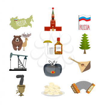 Set symbols and icons for Russia: Kremlin and balalaika, oil rig and vodka, with earflaps and Samovar, dumplings and accordion. Flag of Russian Federation. 