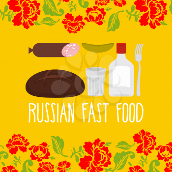 Russian traditional fast food. Vodka and sausage. Folk floral pattern.