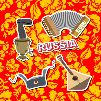 Set russian icons.  Balalaika, Samovar, Ushanka, accordion. background painting Khokhloma