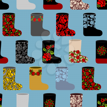Russian traditional winter shoes seamless pattern. Valenki background. Flower ornament  national footwear in Russia.