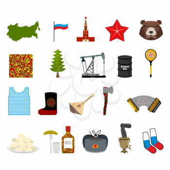 Russia set icons. Traditional objects of country. Russian national clothes. Association with  country. Moscow Kremlin and  Russian bear. Map States and oil. Wooden spoon and vodka.