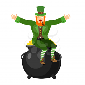 Leprechaun and pot of gold. Dwarf with red beard and boiler of golden coins. Legendary treasures for lucky. St.Patrick 's Day. Holiday in Ireland