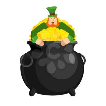 Leprechaun in pot gold. Dwarf with red beard and bowler golded coins. Legendary treasures for lucky. St.Patrick 's Day. Holiday in Ireland