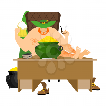 Cool Leprechaun relaxing feet on table. Mug beer and pipes. tough guy with red beard and pot of gold coins. Legendary treasures for lucky. St.Patrick 's Day. Holiday in Ireland