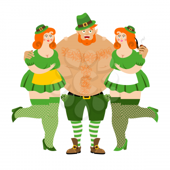 Leprechaun and beautiful girls. Kiss me I'm Irish. tough guy with red beard. Cool Irish pipe and clover. Happy St.Patrick 's Day. Holiday in Ireland