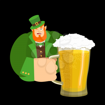 Happy St.Patrick 's Day. Leprechaun and mug beer. Dwarf with red beard mug ale. Holiday in Ireland