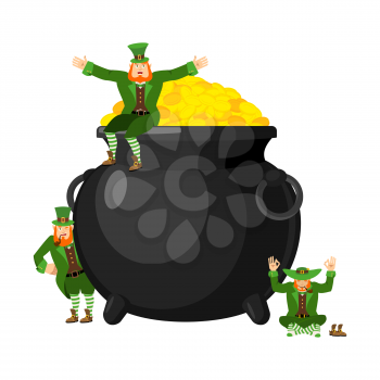 Leprechaun and pot of gold. Dwarf with red beard and boiler of golden coins. Legendary treasures for lucky. St.Patrick 's Day. Holiday in Ireland