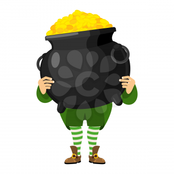 Leprechaun holding pot of gold. Dwarf with red beard and boiler of golden coins. Legendary treasures for lucky. St.Patrick 's Day. Holiday in Ireland
