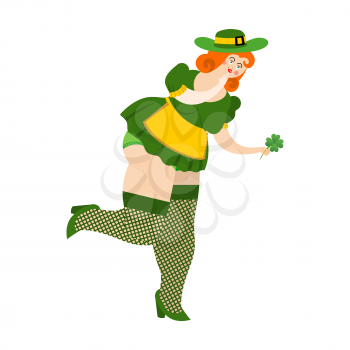 Leprechaun girl with red hair Find clover. Beautiful woman in green hat and Shamrock. St.Patrick 's Day. Holiday in Ireland