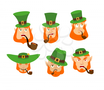 Leprechaun Emoji set. Happy and Sad. Angry and sleeping. surprised and winks. Dwarf with red beard. Irish elf emotions. St.Patrick 's Day. Holiday in Ireland