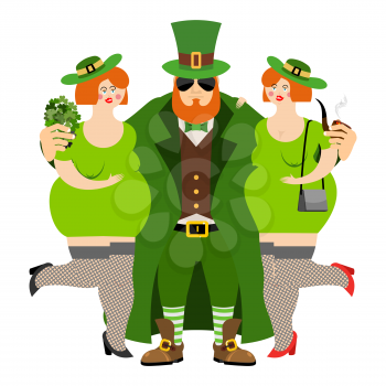 Happy St.Patrick 's Day. Leprechaun and beautiful girls. Kiss me I'm Irish. tough guy with red beard. Cool Irish pipe and clover. Holiday in Ireland