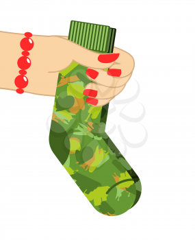 February 23. Female hand to give socks. Traditional gift for military holiday in Russia. defenders of Fatherland Day. Russian text: 23 February. Congratulations
