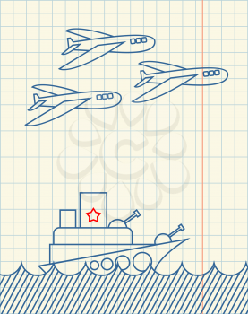 Warship and military aircraft Hand drawing in notebook paper. February 23. Greeting card. Army holiday in Russia. Day Defenders of Fatherland 