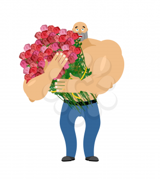 Man and big bouquet of roses. guy congratulates. Universal greeting for women. Give flowers
