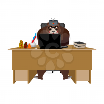 Russian hacker. Bear and laptop. IP technology in Russia. Wild beast in fur hat
