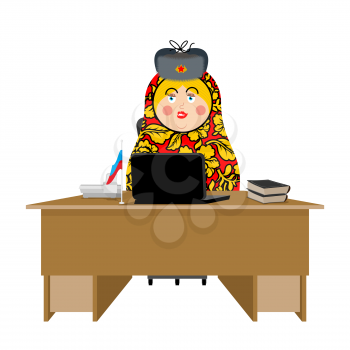 Russian hacker. Matryoshka and laptop. IP technology in Russia. Traditional folk toy in fur hat. Nested doll 
